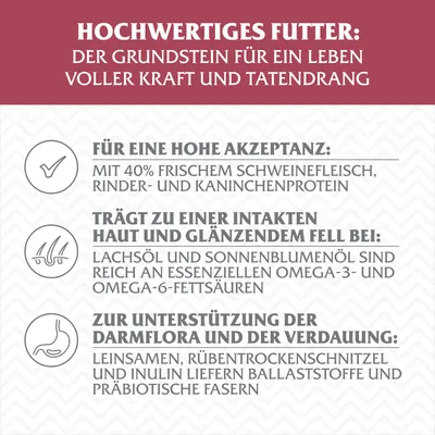 Hochwertiges Futter: Frisches Schweine-, Rinder- und Kaninchenprotein für hohe Akzeptanz. Lachsöl und Sonnenblumenöl fördern Haut und Fell. Leinsamen unterstützen Darmflora und Verdauung.