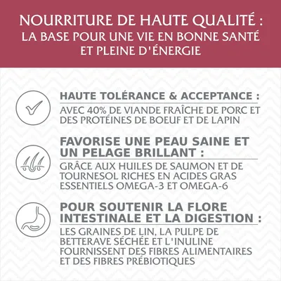 Nourriture de haute qualité : 40 % viande fraîche de porc, protéines de bœuf et lapin, huiles de saumon et tournesol, graines de lin, pulpe de betterave, inuline, fibres alimentaires et prébiotiques.