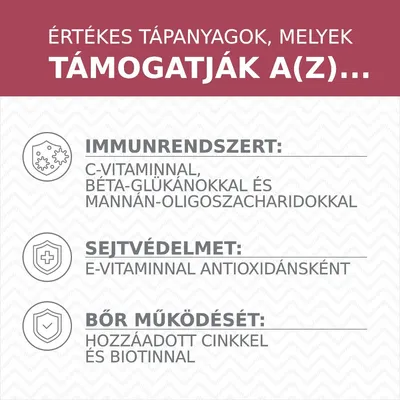 Értékes tápanyagok: immunrendszer támogatása C-vitaminnal, béta-glükánokkal, mannán-oligoszacharidokkal; sejtvédelem E-vitaminnal; bőr működése cinkkel és biotinnal.