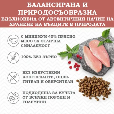 Балансирана и природосъобразна храна: минимум 40% прясно месо, 100% без зърно, без изкуствени консерванти, подходяща за кучета от всички породи и големини. Видим текст на български.