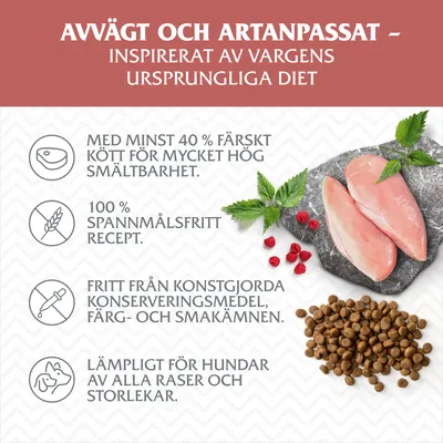 Avvägt och artanpassat hundfoder: minst 40 % färskt kött, 100 % spannmålsfritt, fritt från konstgjorda tillsatser, lämpligt för alla hundraser och storlekar. Text på svenska.