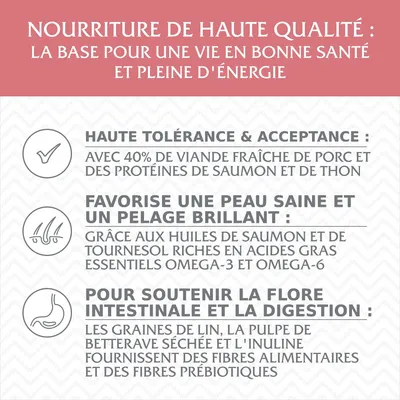 Nourriture de haute qualité : 40 % viande fraîche de porc, protéines de saumon et thon, huiles riches en oméga-3/6, graines de lin, pulpe de betterave, inuline, fibres alimentaires et prébiotiques.