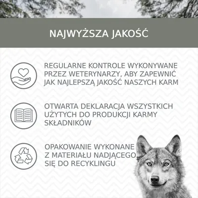 Najwyższa jakość. Regularne kontrole przez weterynarzy, otwarta deklaracja składników, opakowanie z materiału nadającego się do recyklingu.
