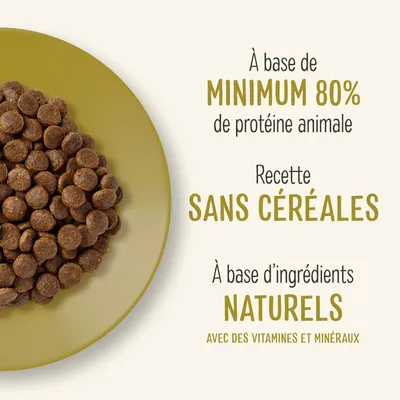 À base de minimum 80 % de protéine animale, recette sans céréales, à base d’ingrédients naturels avec des vitamines et minéraux