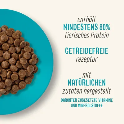 Enthält mindestens 80% tierisches Protein, getreidefreie Rezeptur, mit natürlichen Zutaten hergestellt, darunter zugesetzte Vitamine und Mineralstoffe.