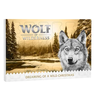 Wolf of Wilderness adventskalender met afbeelding van een wolf in besneeuwd landschap, tekst: Dreaming of a Wild Christmas