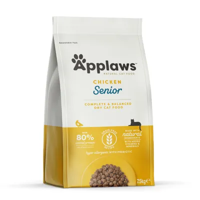 Applaws Chicken Senior, sucha karma dla kotów, min. 80% białka zwierzęcego, bezzbożowa, naturalne składniki, 7,5 kg. Widoczne granulki karmy na opakowaniu.