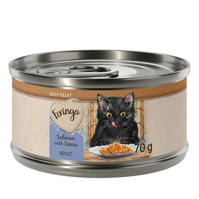 Feringa Juicy Fillet, salmone con tonno, Adult, 70g. Illustrazione di un gatto nero davanti a un piatto di cibo.