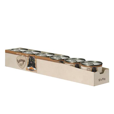 Feringa Juicy Fillet Adult, 12 lattine da 70g. Confezione con immagine di un gatto nero e cibo servito.
