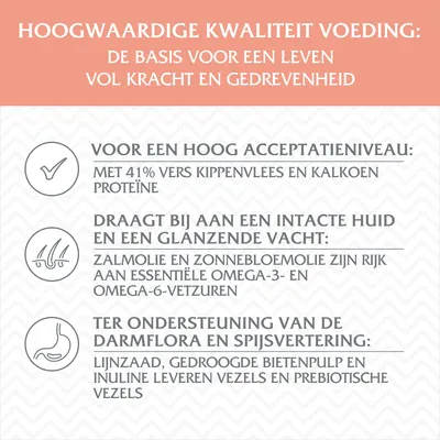 Hoogwaardige kwaliteit voeding: basis voor krachtig leven. 41% vers kippenvlees en kalkoen, zalmolie en zonnebloemolie rijk aan omega-vetzuren, lijnzaad en bietenpulp voor vezels.