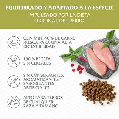 Equilibrado y adaptado a la especie. Con mín. 40 % de carne fresca, 100 % receta sin cereales, sin conservantes ni saborizantes artificiales, apto para perros de cualquier raza y tamaño.