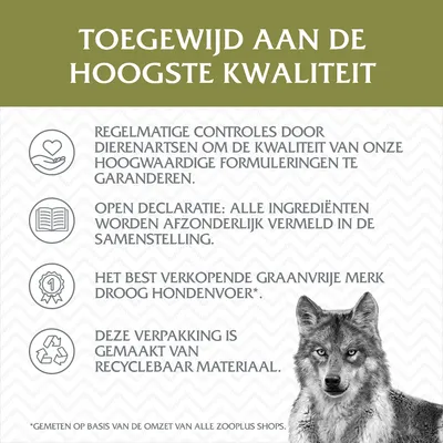 Toegewijd aan de hoogste kwaliteit. Regelmatige controles door dierenartsen, open declaratie ingrediënten, best verkopend graanvrij droog hondenvoer, verpakking van recyclebaar materiaal.