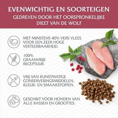 Evenwichtig en soortspecifiek hondenvoer: minstens 40% vers vlees, 100% graanvrij, vrij van kunstmatige toevoegingen, geschikt voor alle hondenrassen en groottes. Tekst in het Nederlands.