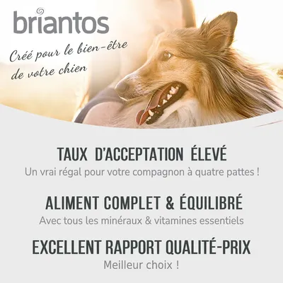 briantos Créé pour le bien-être de votre chien. Taux d’acceptation élevé, aliment complet & équilibré, excellent rapport qualité-prix. Texte en français.