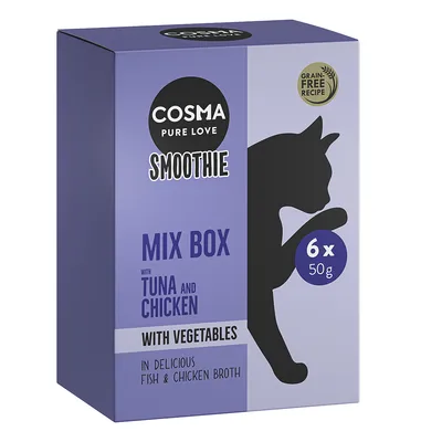Cosma Smoothie Mix Box tonnikalalla ja kanalla, vihanneksia kala- ja kanaliemessä. Viljaton resepti. Pakkaus sisältää 6 x 50 g.