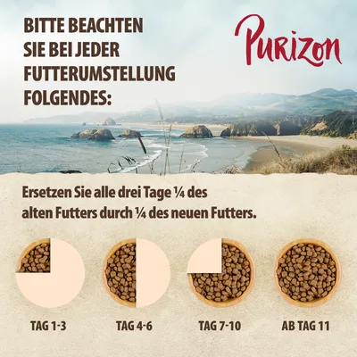 Futterumstellungshinweis von Purizon: Alle drei Tage 1/4 des alten Futters durch 1/4 des neuen Futters ersetzen. Diagramm zeigt Schritte für Tag 1-3, 4-6, 7-10 und ab Tag 11.