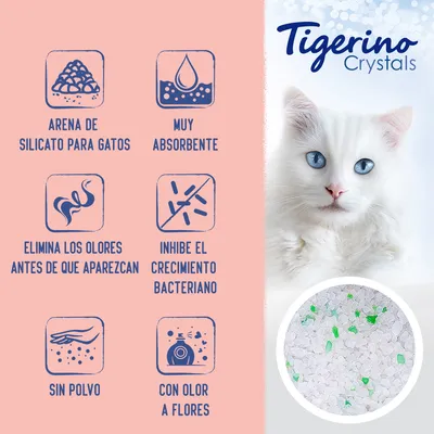 Tigerino Crystals arena de silicato para gatos: muy absorbente, elimina los olores antes de que aparezcan, inhibe el crecimiento bacteriano, sin polvo, con olor a flores.