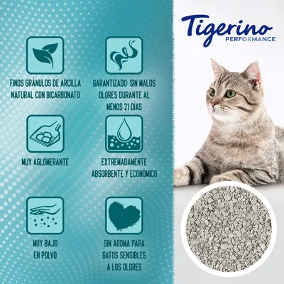 Tigerino Performance. Finos gránulos de arcilla natural con bicarbonato, sin malos olores 21 días, muy aglomerante, absorbente, bajo en polvo, sin aroma para gatos sensibles.