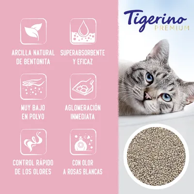 Tigerino Premium. Arcilla natural de bentonita, superabsorbente y eficaz, muy bajo en polvo, aglomeración inmediata, control rápido de los olores, con olor a rosas blancas.