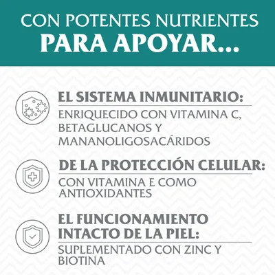 Con potentes nutrientes para apoyar el sistema inmunitario, la protección celular y el funcionamiento intacto de la piel. Enriquecido con vitamina C, E, betaglucanos, mananooligosacáridos, zinc y biotina.