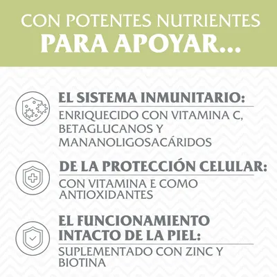 Con potentes nutrientes para apoyar el sistema inmunitario, la protección celular y el funcionamiento intacto de la piel. Vitaminas C, E, betaglucanos, mananoligosacáridos, zinc y biotina.