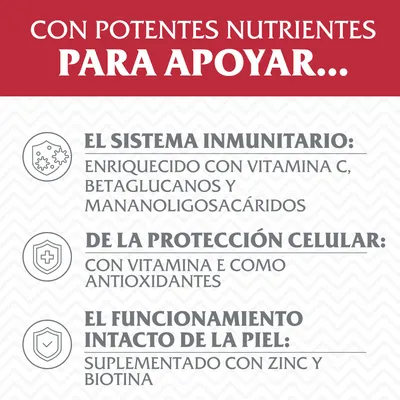Con potentes nutrientes para apoyar el sistema inmunitario, la protección celular y el funcionamiento intacto de la piel. Enriquecido con vitamina C, E, betaglucanos, mananoligosacáridos, zinc y biotina.