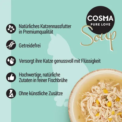 Cosma Pure Love Soup: Natürliches Katzennassfutter in Premiumqualität, getreidefrei, versorgt mit Flüssigkeit, hochwertige natürliche Zutaten in Fischbrühe, ohne künstliche Zusätze.