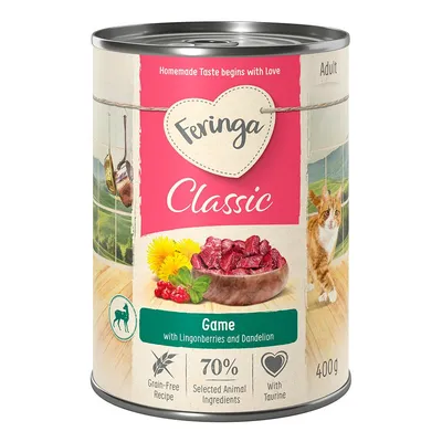 Feringa Classic Game with Lingonberries and Dandelion, ricetta senza cereali, 70% ingredienti animali selezionati, con taurina, per gatti adulti, lattina da 400g.