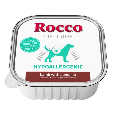 Barquette Rocco DietCare Hypoallergenic, Single Source of Animal Protein, Lamb with pumpkin, Agneau au potiron, illustration de chien turquoise sur fond blanc.