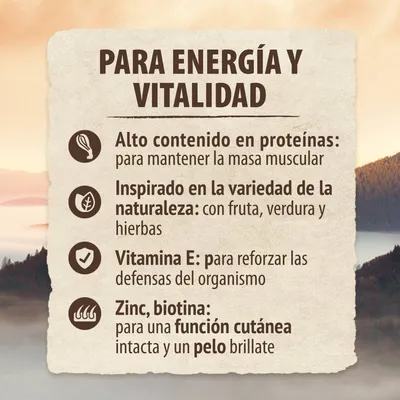 Para energía y vitalidad: alto contenido en proteínas, inspirado en la variedad de la naturaleza, vitamina E para defensas, zinc y biotina para función cutánea y pelo brillante.