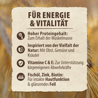 Für Energie und Vitalität: Hoher Proteingehalt für Muskelerhalt, inspiriert von Natur mit Obst, Gemüse, Kräutern. Vitamine C & E für Abwehrkräfte. Fischöl, Zink, Biotin für Haut und Fell.