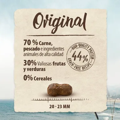 Original. 70 % carne, pescado e ingredientes animales de alta calidad, 30 % valiosas frutas y verduras, 0 % cereales. 44 % proteína. Tamaño croqueta: 20–23 mm.