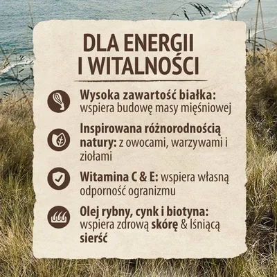 Dla energii i witalności: wysoka zawartość białka, inspiracja różnorodnością natury, witaminy C i E, olej rybny, cynk i biotyna. Wspiera mięśnie, odporność, skórę i sierść.
