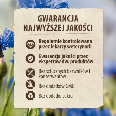 Gwarancja najwyższej jakości: regularnie kontrolowana przez lekarzy weterynarii, gwarancja jakości przez ekspertów, bez sztucznych barwników i konserwantów, GMO i cukru.