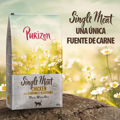 Purizon Single Meat Chicken with Camomile Blossoms, 6,5 kg. Tekst po hiszpańsku: Single Meat, una única fuente de carne. Widoczny skład: 70 % mięsa, 30 % warzyw, 0 % zbóż.