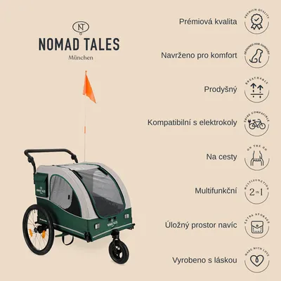 Nomad Tales München vozík pro psy, prémiová kvalita, navrženo pro komfort, prodyšný, kompatibilní s elektrokoly, na cesty, multifunkční, úložný prostor navíc, vyrobeno s láskou.