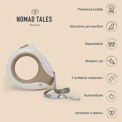 Nomad Tales München, prémiová kvalita, navrženo pro komfort, nasavitelné, moderní styl, 3 světelná nastavení, automatické, vyrobeno s láskou. Vyobrazené samonavíjecí vodítko.