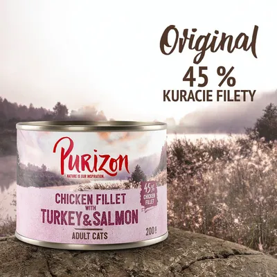 Purizon Original konzerva pre dospelé mačky, 200 g. 45 % kuracie filety. Chicken fillet with turkey & salmon. Text na obale a v pozadí: 45 % chicken fillet, 45 % kuracie filety.