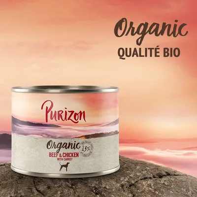 Boîte de nourriture pour chien Purizon Organic, bœuf & poulet avec carotte, 13 % viande, texte Qualité bio visible sur l’image.