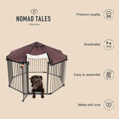 Nomad Tales München hondenren met metalen spijlen en bruin dak, hond binnenin. Tekst: Premium quality, Breathable, Easy to assemble, Made with love.