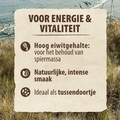 Voor energie & vitaliteit. Hoog eiwitgehalte: voor het behoud van spiermassa. Natuurlijke, intense smaak. Ideaal als tussendoortje.