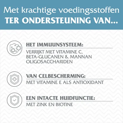 Met krachtige voedingsstoffen ter ondersteuning van het immuunsysteem, celbescherming en een intacte huidfunctie. Met vitamine C, E, beta-glucanen, mannan-oligosacchariden, zink, biotine.