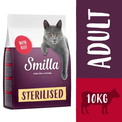 Smilla Sterilised Adult Katzenfutter mit Rind, 10kg. Für sterilisierte Katzen. Verpackung zeigt graue Katze und Text 'With Beef'.