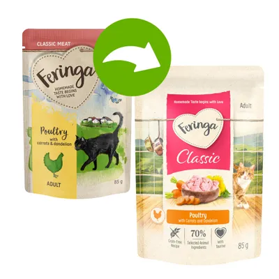 Feringa Classic Poultry mit Karotten und Löwenzahn, 85g. Neue Verpackung zeigt 70% ausgewählte tierische Zutaten, getreidefreie Rezeptur, mit Taurin. Feringa Classic Poultry mit Karotten und Löwenzahn, 85g. Neue Verpackung zeigt 70% ausgewählte tierische Zutaten, getreidefreie Rezeptur, mit Taurin.