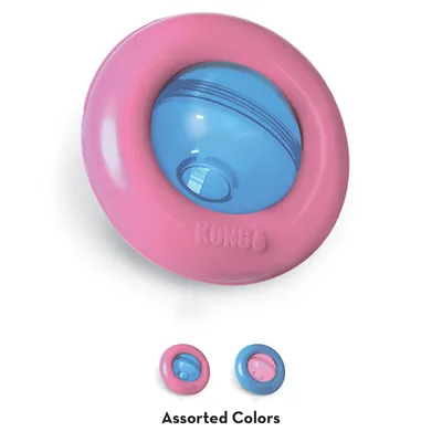 KONG juguete en rosa y azul, diseño redondo con parte central transparente. Nota: Disponible en varios colores.