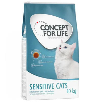 Concept for Life Sensitive Cats 10kg dry food, special formula with single carbohydrate source, single animal protein source, and healthy intestinal flora. For cats aged 1 year and over.