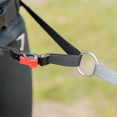 Schwarzer Gurt mit rotem Klickverschluss und silbernem Metallring, verbunden mit einem grauen Gurt. Geeignet für Outdoor-Aktivitäten oder Hundeleinen.