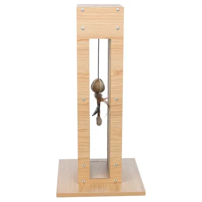 Wooden scratching toy with hanging ball and feathers, rectangular design with scratching surface in the centre.