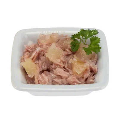 Влажный корм для животных в белой керамической миске, кусочки мяса с желе и зеленью сверху. Видны текстура и состав продукта.
