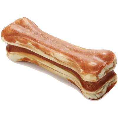 Bone-shaped chew treat with layered textures, showing a combination of light and dark brown sections. Designed for chewing and likely used as a pet snack or treat.